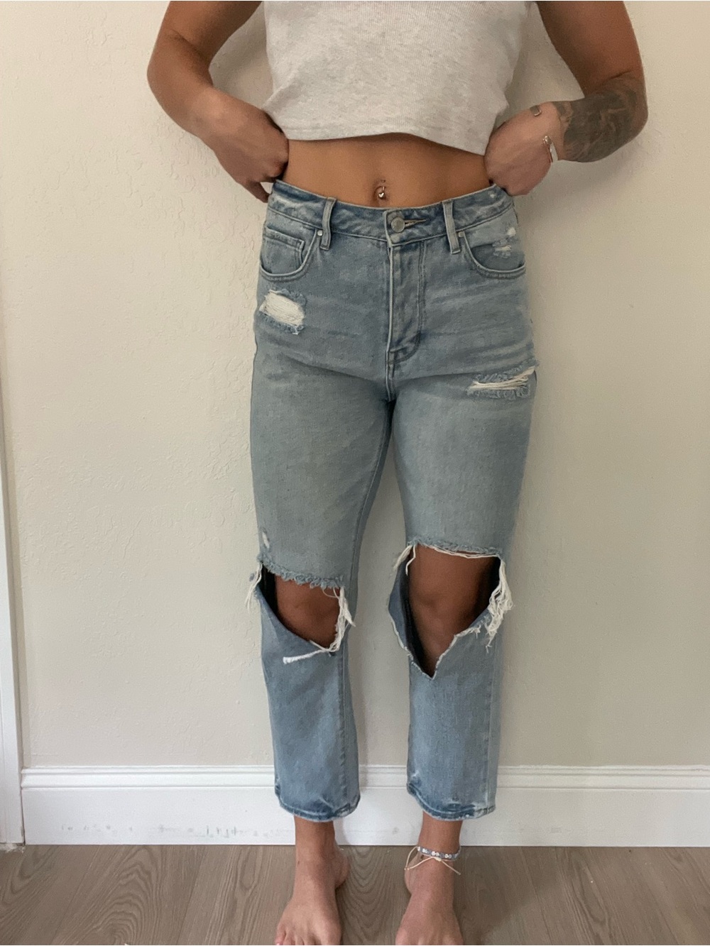 PacSun Light Blue High-Rise Distressed Knee Jeans